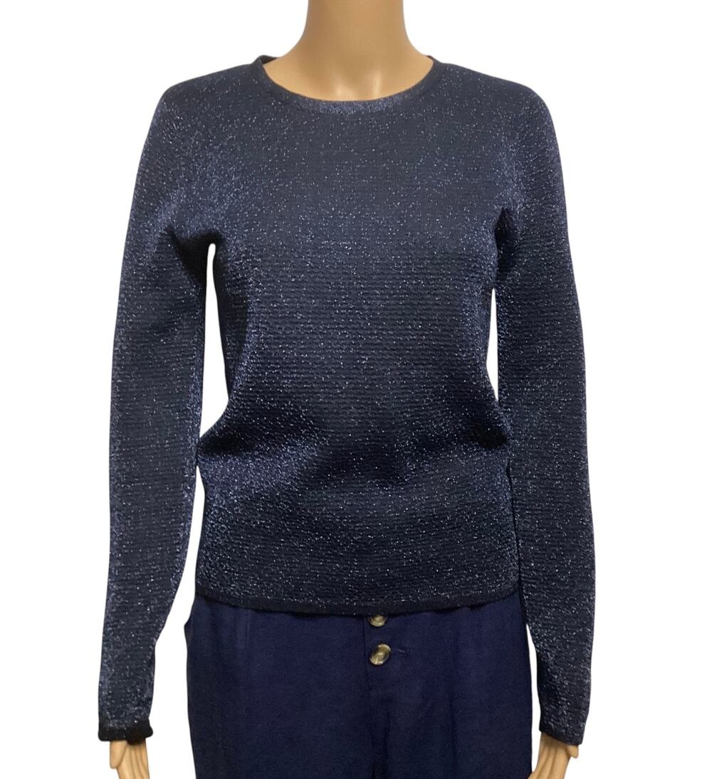 Club Monaco Fine Merino Wool Blend Shimmer Knit Crewneck Sweater Navy Blue S/P